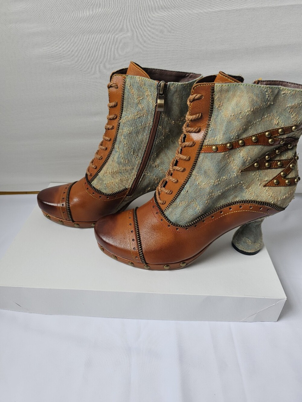 New Steampunk Victorian Leather Denim Boots Spool Heel EUR 40 US 9